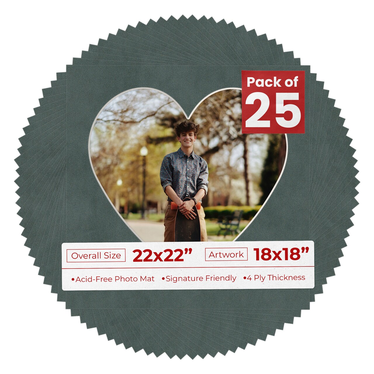 Dark Grey Suede Mat Board for 22x22 Frames - Heart Opening for 18x18 Photos